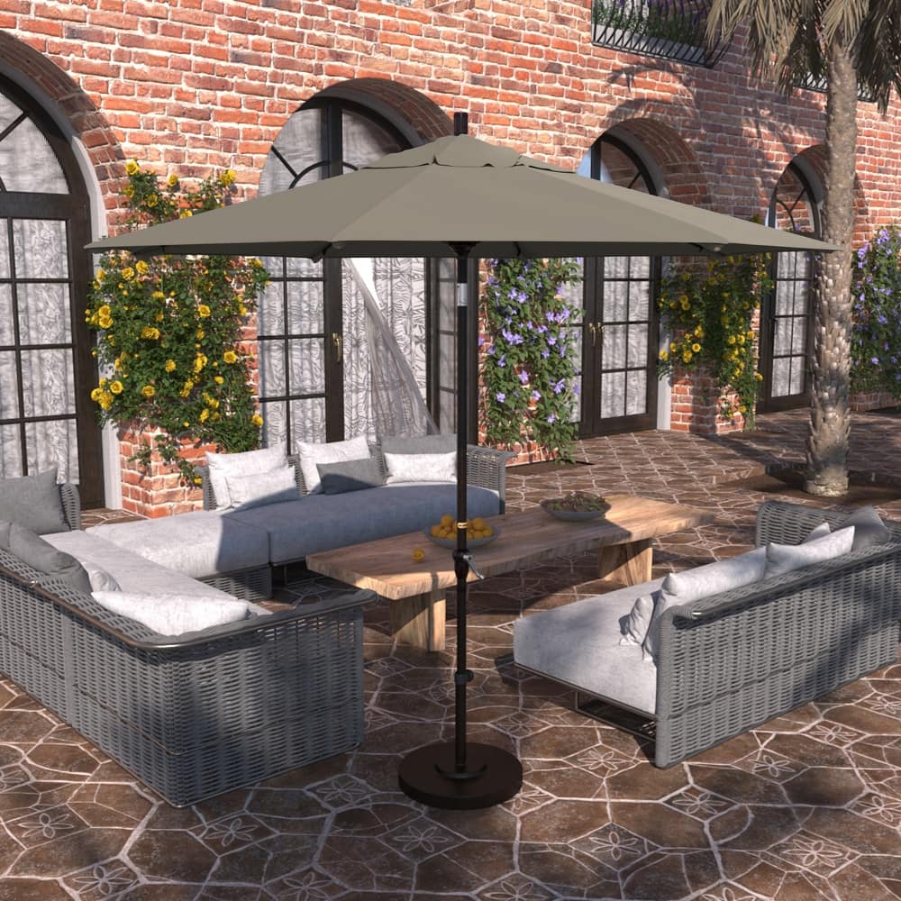 California Umbrella 9' Sunset Series Patio Umbrella Bronze Aluminum Frame and Ribs, Crank Lift Auto Tilt, Sunbrella Cilantro