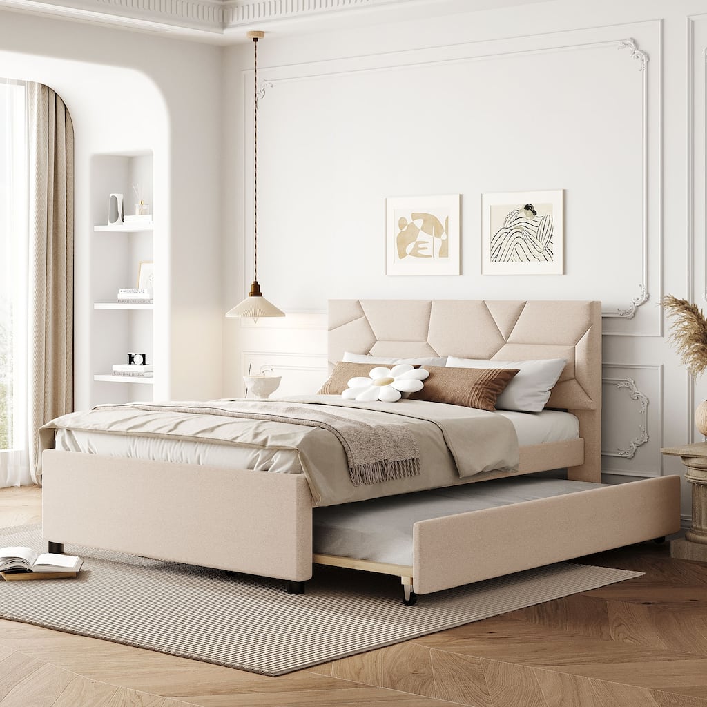 Beige Full Linen Upholstered Platform Bed with Brick Pattern Headboard and Trundle - No Box Spring Necessary