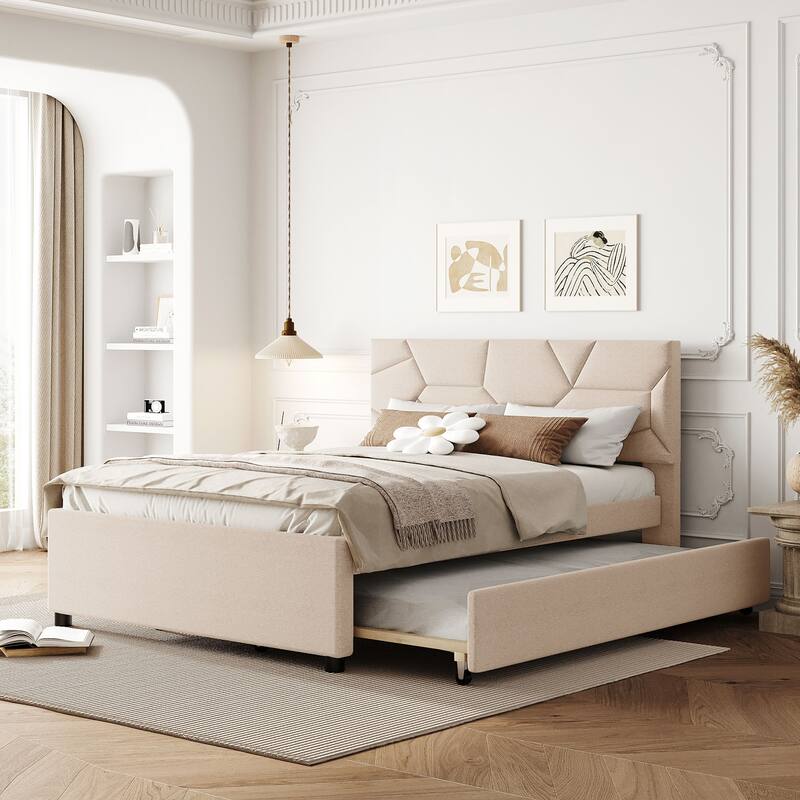 Full Size Upholstered Platform Bed with Brick Pattern Headboard and Twin Trundle, Linen Fabric, Beige - Beige