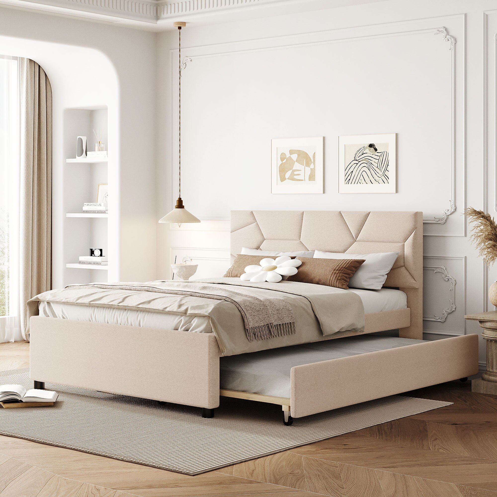 With Brick Pattern Headboard and Twin Size Trundle，Full