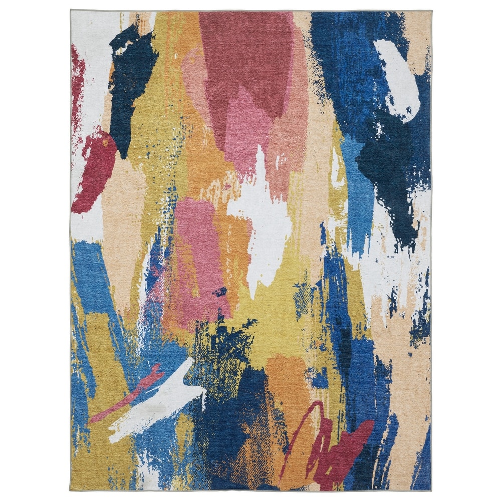 Vista Home Sunderland Abstract Paint Washable Blue/ Gold Area Rug Mat