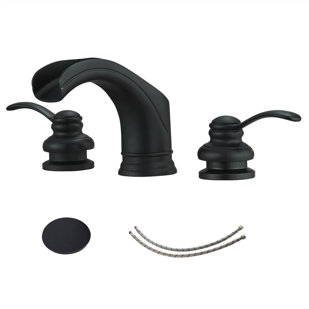 Waterfall Widespread Bathroom Sink Faucet With Drain Assembly 8 Inch Basin Vanity Faucets 3 Hole Modern Double Handle Black Taps