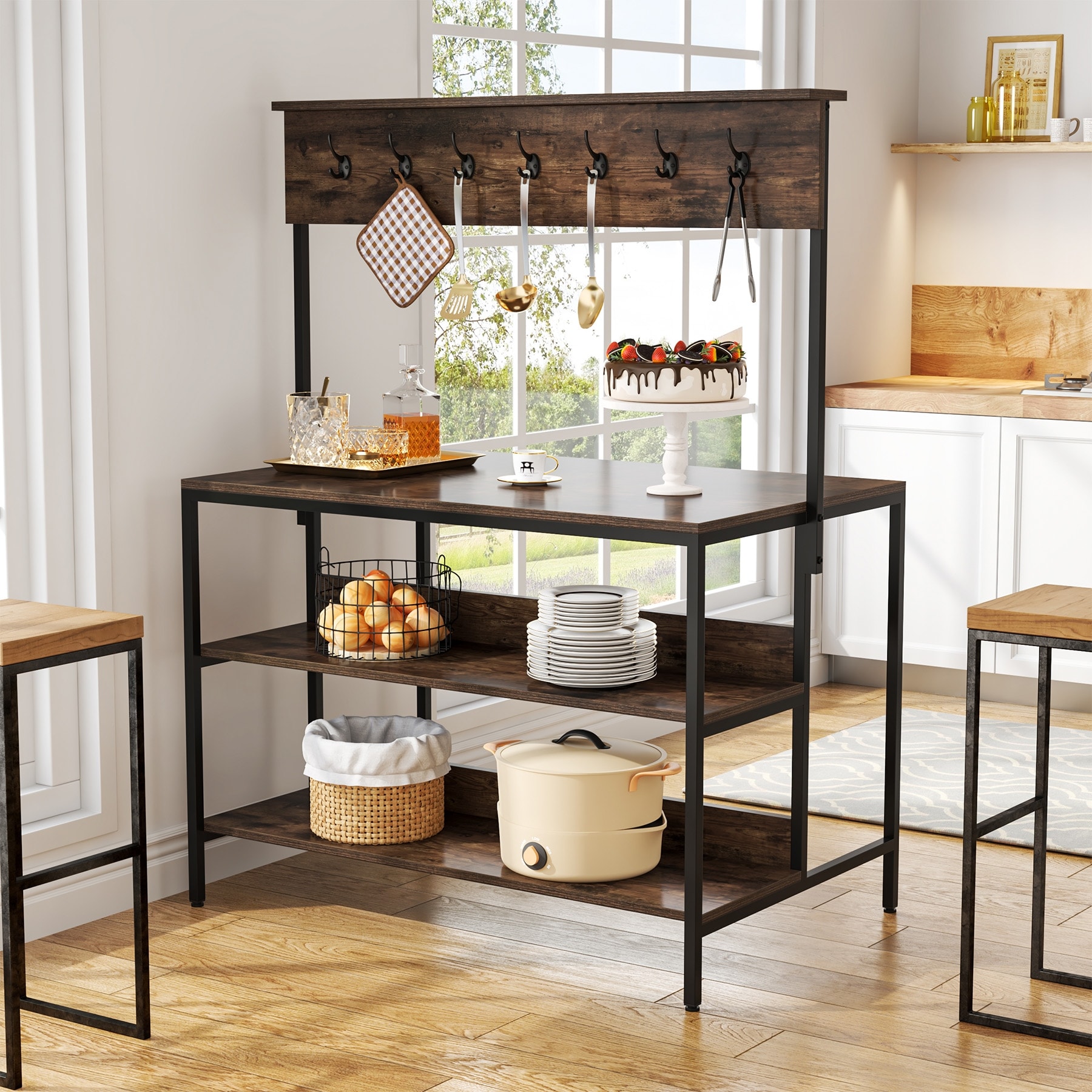 Kitchen Island Table with Storage Shelf and Hooks for Kithcen