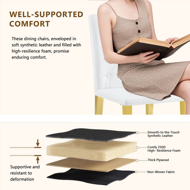 Set Of 4, PU Dining Chairs: Ergonomic Buckle Backrest, 35 Inches High, Golden Metal Legs, Combines Comfort And Texture