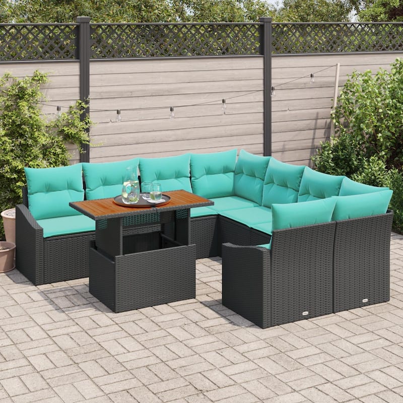 vidaXL 9 Garden Sofa Set with Cushions Black/Grey Poly Rattan - 91.9 x 92.1 x 27.2