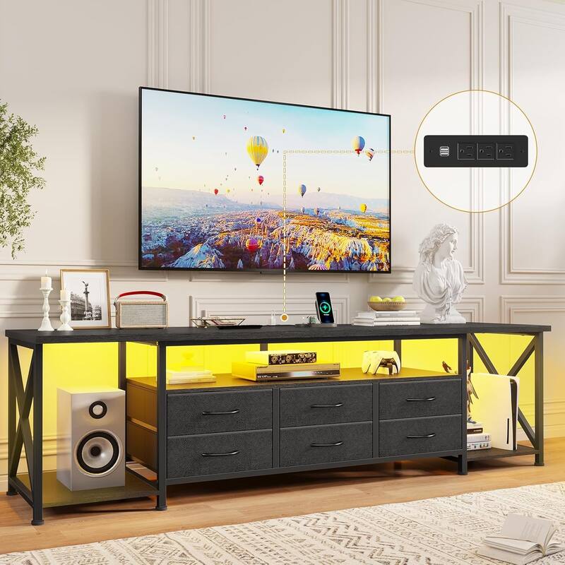 TV Stand with LED Lights Power Outlets Dresser Fabric Drawers Entertainment Center - Black - 71"