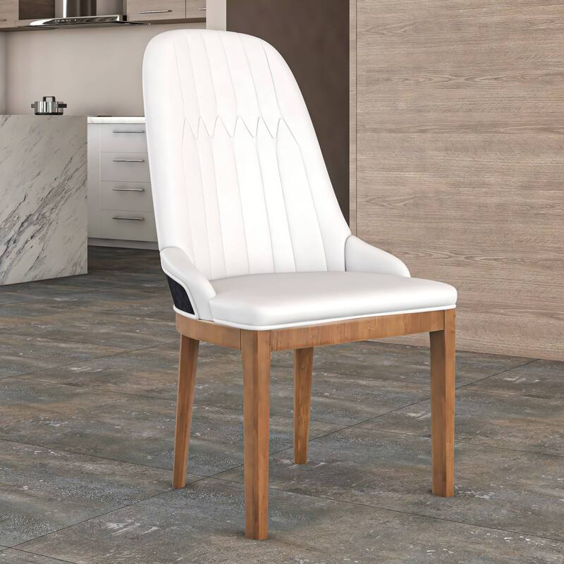 Leather Dining Chair with Rubberwood Legs Set of 2 Side Charis Sleek Diamond Stitching Back