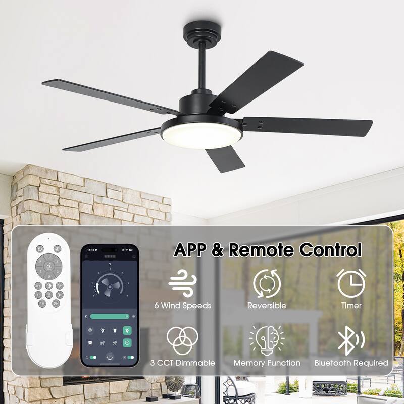 Vaczon 52" Black Reversible 5-Blade Intergrated LED Smart Ceiling Fan with Light and APP Control