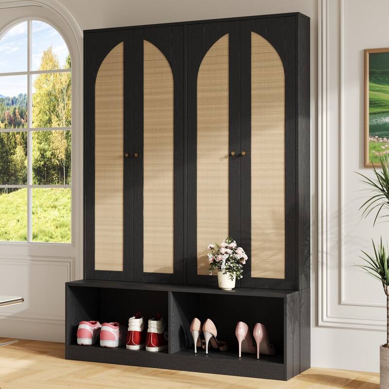 Farmhouse Widen Hall Tree with 4 Rattan Doors, Versatile 4-In-1 Seating Bench with 6 Hooks, Mid-Century Entryway Shoe Cabinet - Black