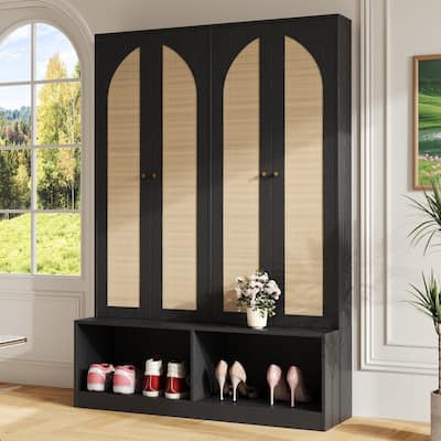 Farmhouse Widen Hall Tree with 4 Rattan Doors, Versatile 4-In-1 Seating Bench with 6 Hooks, Mid-Century Entryway Shoe Cabinet