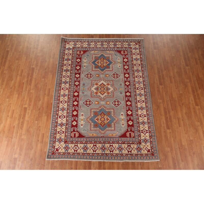 Kazak Area Rug Hand-Knotted Geometric Grey Wool Carpet - 6'9" x 9'8"