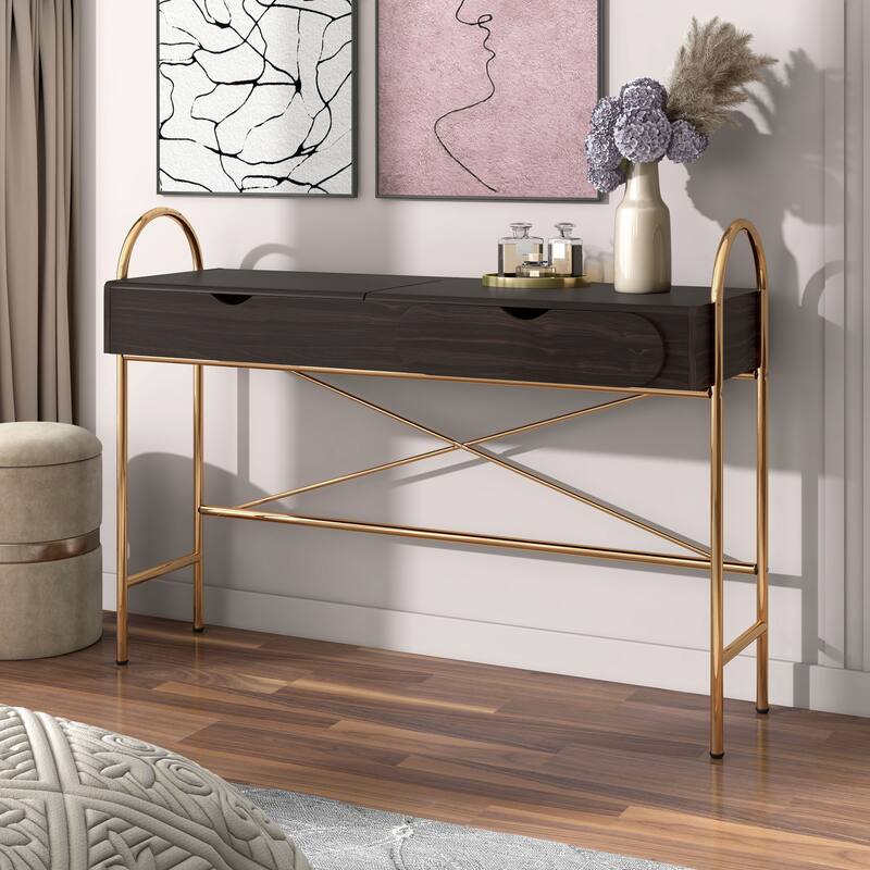 DH BASIC Glam Walnut Vanity Table with Lift-top Mirror by Denhour