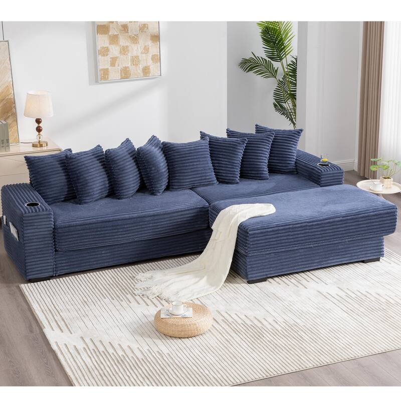 110.75" Corduroy Sectional Sofa, Convertible Sleeper Sofa Bed L-Shaped Upholstered Couch with Removable Footstool, Cup Holder
