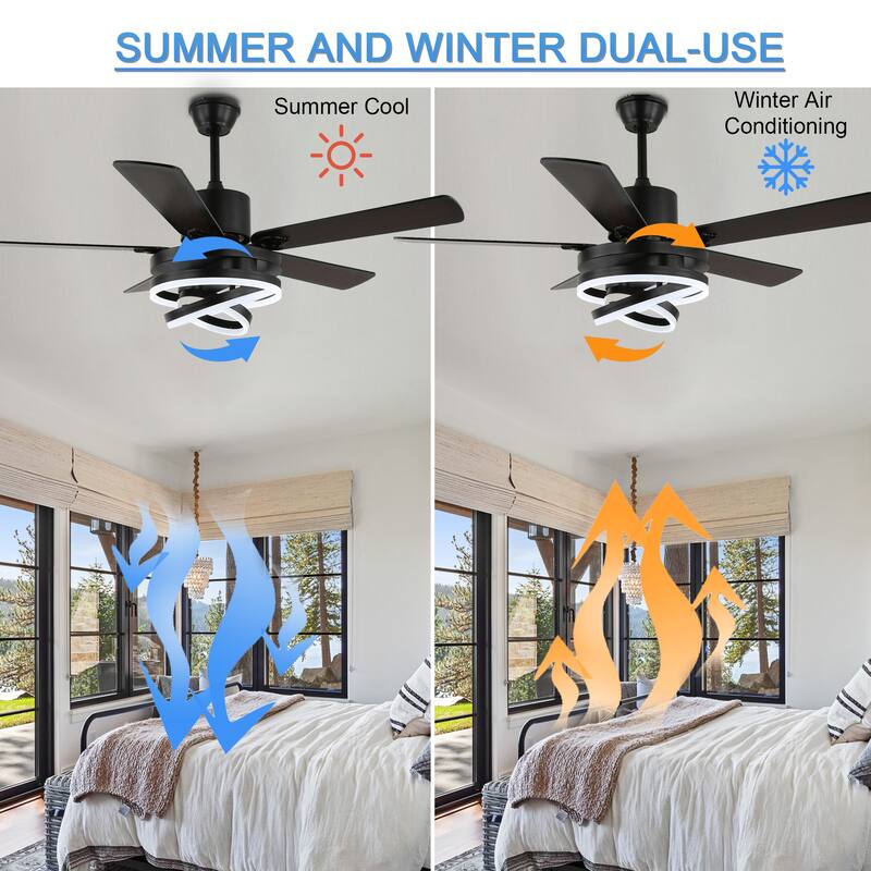 52Inch Modern DIY Shape Reversible Ceiling Fan with LED Light, 6-Speed Ceiling Fan with Remote for Large Room - 52 Inches