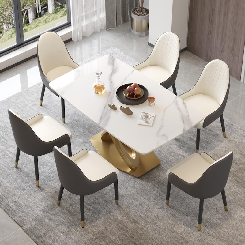 Contemporary Marble Dining Table with Gold Geometric Base - White - 63"
