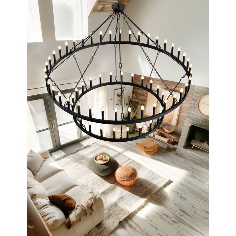 2 Tier Dining Room Light Fixture, Wagon Wheel Chandelier 47/60/70 inch Extra Large, Farmhouse Round Rustic Lighting