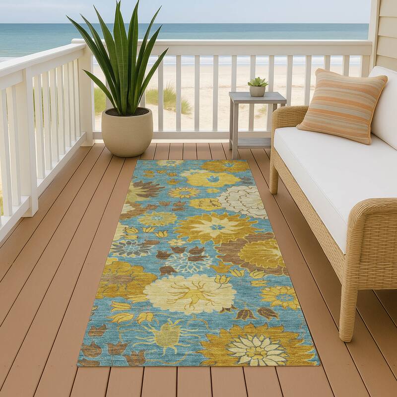 Machine Washable Indoor/ Outdoor Modern Floral Chantille Rug - Aqua - 2'3" x 7'6"