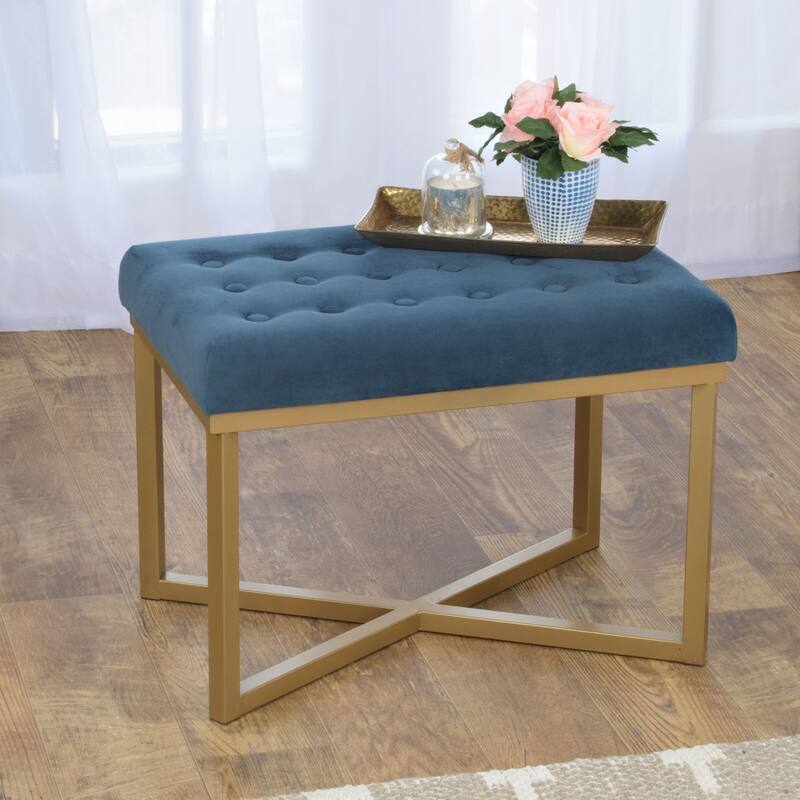 Silver Orchid Pugo Rectangular Ottoman with Midnight Velvet Tufted Cushion and Gold Metal X Base
