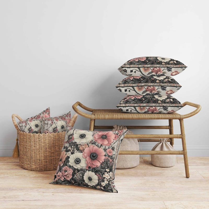 Floral Array Faux Suede Reversible Throw Pillow Gray and Pink