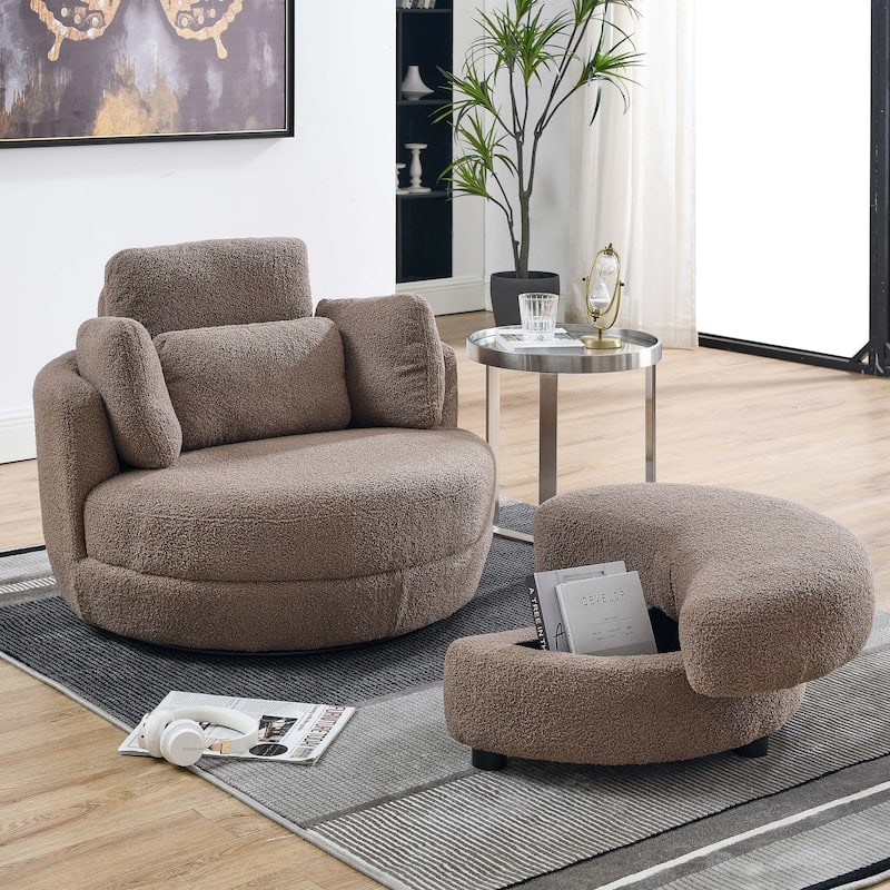 Modern Accent Round Loveseat Circle Swivel Barrel Chairs for Bedroom Cuddle Sofa Chair Lounger Armchair, 4 Pillows - Brown
