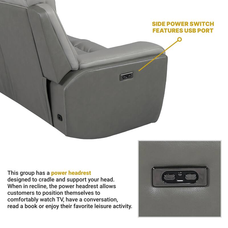 Rosalyn 87" Zero Gravity Silver and Gray Leather Power Reclining Sofa with Dropdown Console
