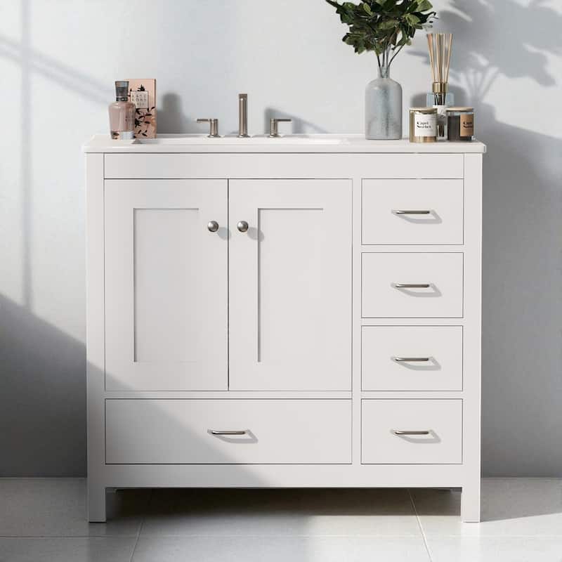 36" Bathroom Vanity with Ceramic Sink Solid Wood Base Soft Close Doors and 5 Storage Drawers - White