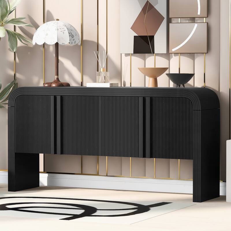 Sideboard Buffet Cabinet Storage W/4 Doors, Adjustable Shelves, Stripe Freestanding Floor Cabinet, Wood Console Table - Black