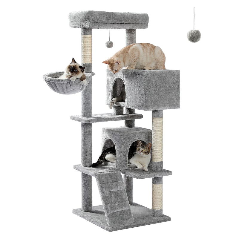 Cat Tree with Large Top Perch, Plush Hammock, 2 Condos, Dangling Pompom & Cat Scratching Posts