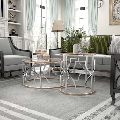 Ders Glam Chrome and Gold Plating Tempered Glass Top 2-Piece Coffee Table Set by Furniture of America