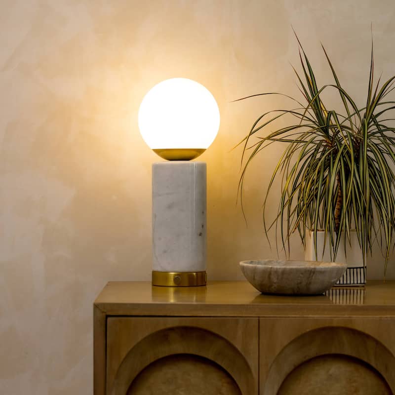 Brightech Aspen 14.5 in. White Mid-Century Modern Integrated LED Bedside Table Lamp with Built-In 3-Way Dimmer