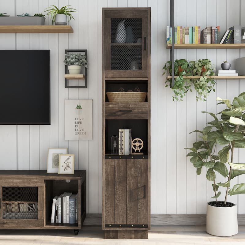 Hury Farmhouse Walnut Multi-Storage TV Tower by Furniture of America