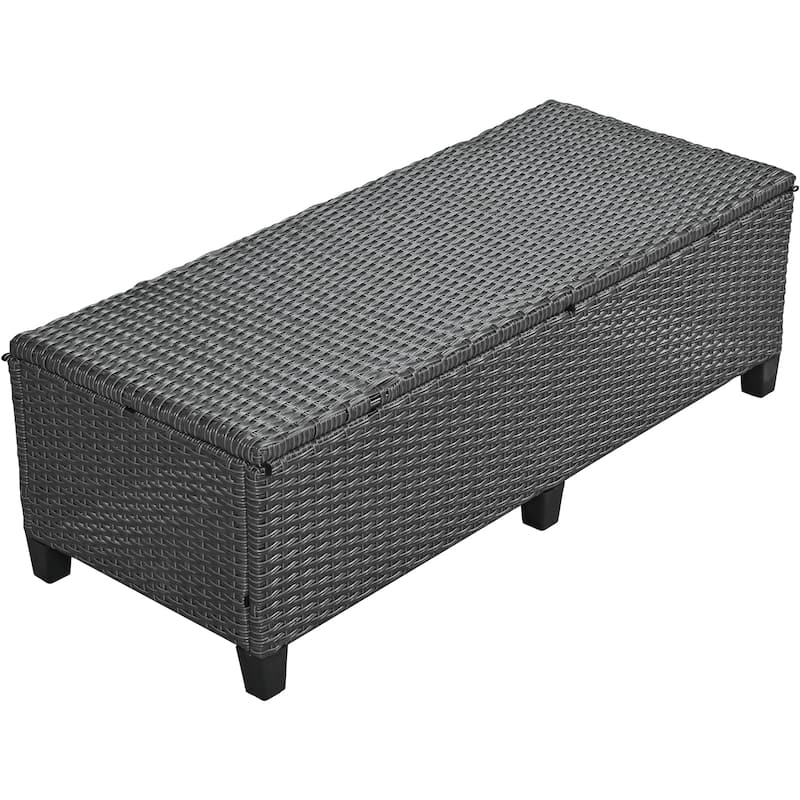 Roomfitters 5-Piece Outdoor Rattan Sofa Set, Patio Sectional Furniture with Dining Table, Storage Bench, Side Trays