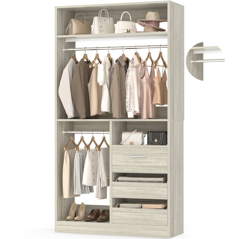 36'' W Freestanding Walk-in Closet Organizer System with 2 Hanging Rods and 3 Wood Drawers