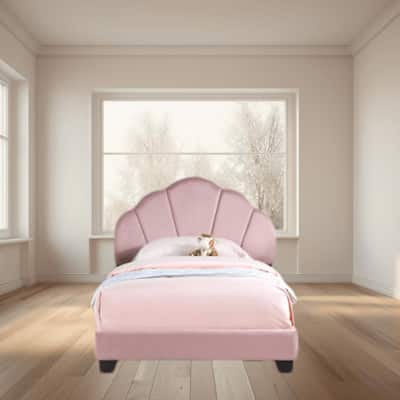 Upholstered Twin Size Wooden Platform Bed for Kids with Shell Design Headboard, No Box Spring Needed, for Girls Boys Teens