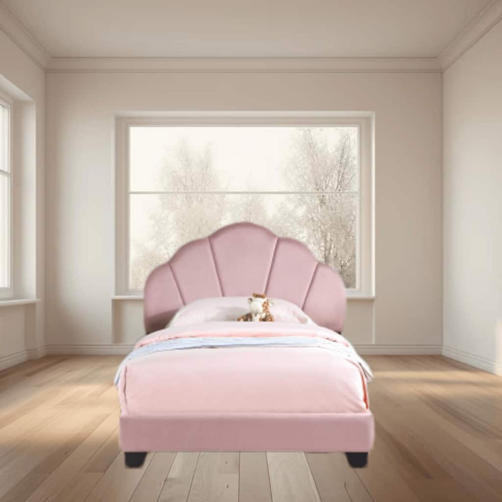 Upholstered Twin Size Wooden Platform Bed for Kids with Shell Design Headboard, No Box Spring Needed, for Girls Boys Teens