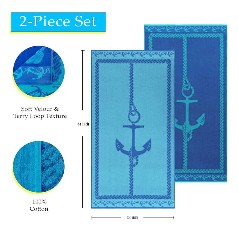 Fisherman Anchor Cotton Oversized 2-Piece Beach Towel Set by Superior