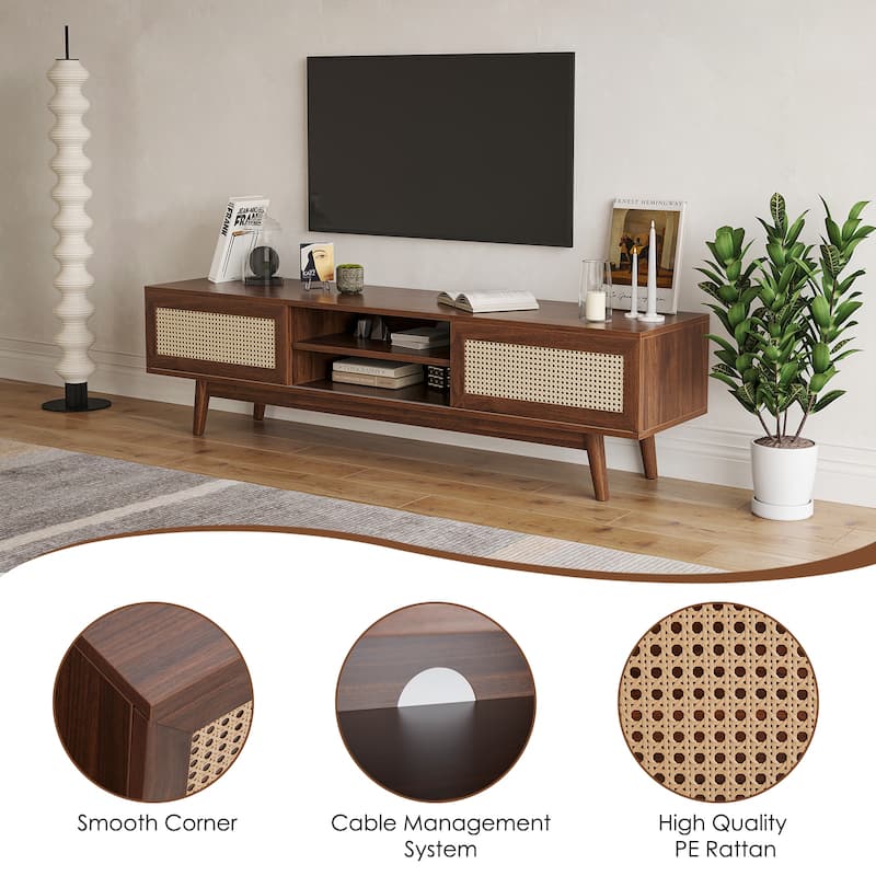 Rattan TV Stand for TVs, Wood TV Stand Mid Century Modern TV Stand TV Media Console with Drawer and 2 Cabinets