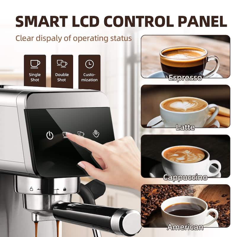 AMZCHEF 20 Bar Espresso Machine, 1350W Compact Stainless Steel Coffee Maker with LED Touch Screen - 13"D x 6.5"W x 12"H