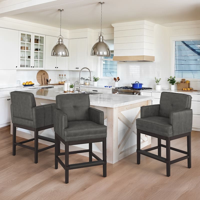 27 in. Counter Height Upholstered Bar Stools Modern Barstools with Open Arms and Wood Legs for Kitchen Islands