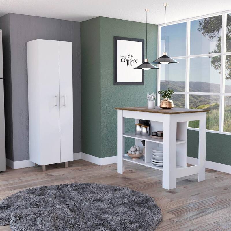 Hayne 9-Shelf 2-Door 2-piece Kitchen Set, Kitchen Island and Pantry White and Walnut - White