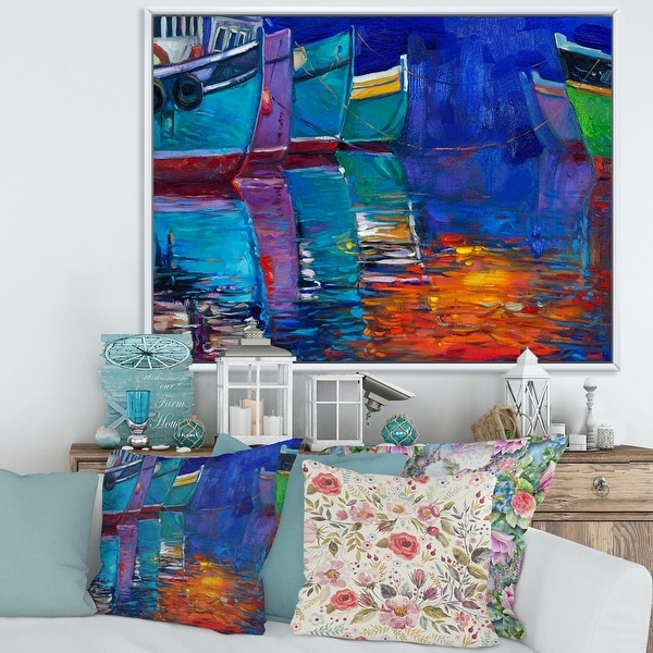 Designart 'Boats Resting on The Water During Warm Sunset I' Nautical & Coastal Framed Canvas Wall Art Print. Opens flyout.