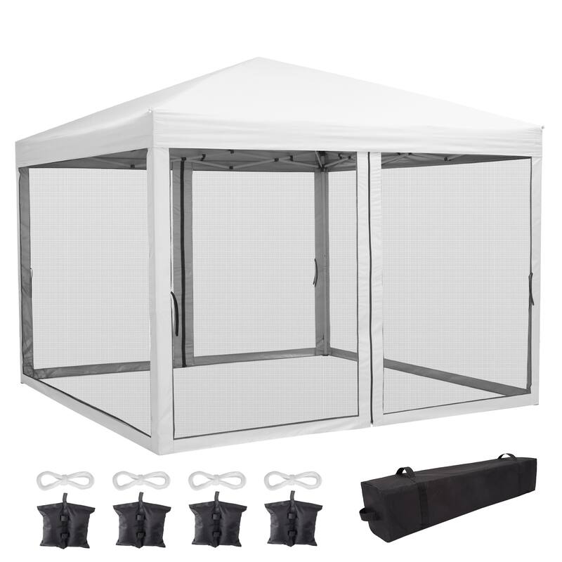 10x10 FT Pop Up Canopy Tent with Mosquito Netting, Adjustable Height, Portable Sun Shelter with Wheeled Bag - White