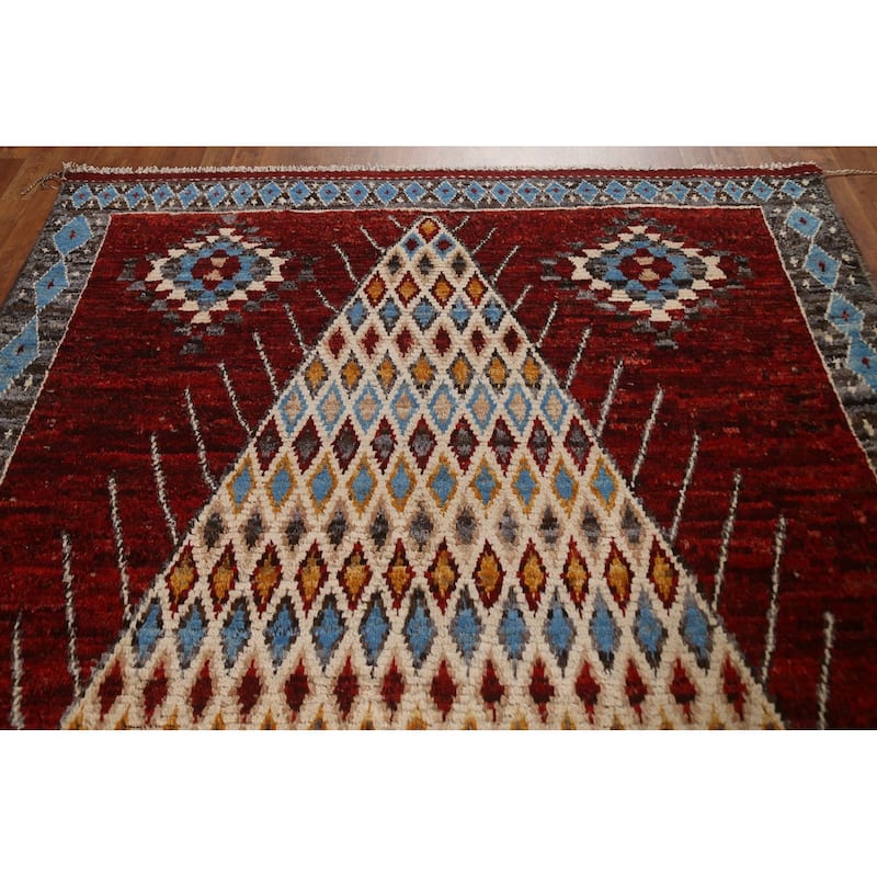 Hand Knotted Oriental 100% Wool Carpet Modern Tribal Red Moroccan Area Rug - 10' 3'' X 6' 7''
