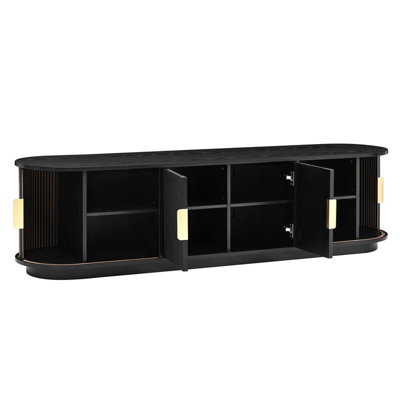 Mid Century Modern 74.8" TV Stand & Coffee Table Set for TVs up to 75", Wooden Media Console with Fluted Sliding Doors