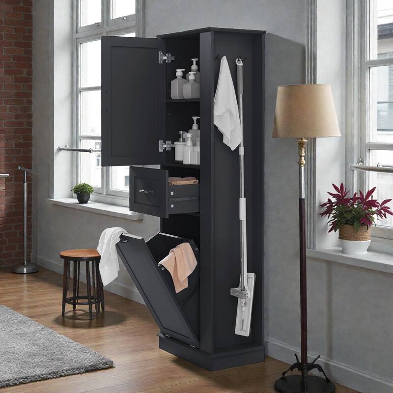 Modern Tall Bathroom Storage Cabinet with Tilt Out Laundry Compartment, Adjustable Shelves, Soft Close Doors