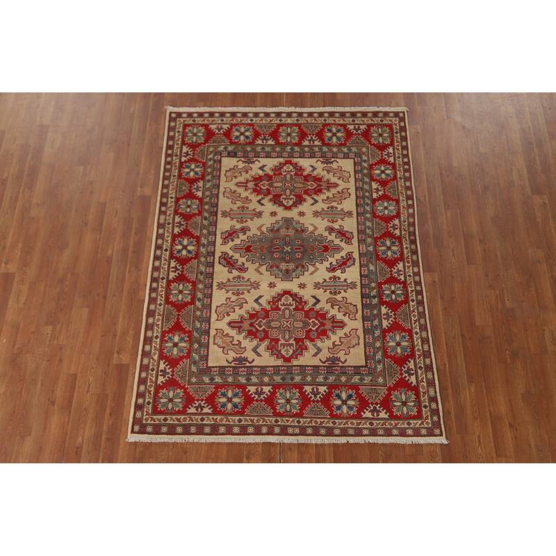 Geometric Kazak Area Rug Handmade Beige Wool Carpet - 4'10" x 6'6"