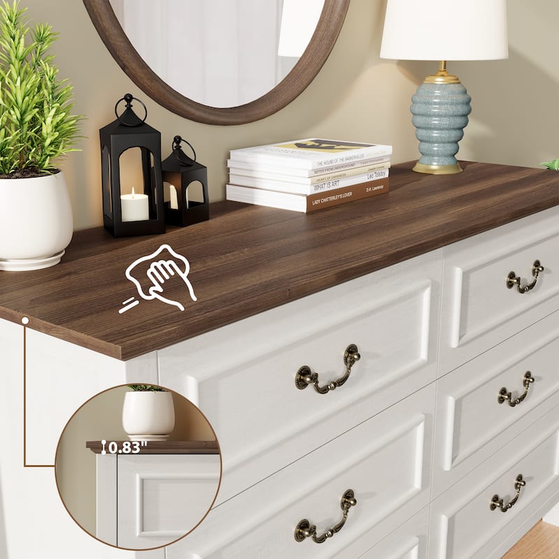 Farmhouse 6 Drawer Dresser for Bedroom, Vintage Dresser with Antique Handles