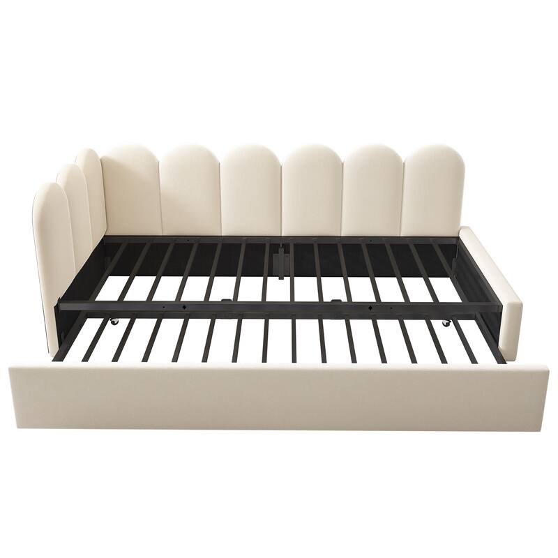 L Shape Daybed Twin Size Upholstered Platform Bed with Trundle, Interchangeable Side Panels and Metal Slatted Frame