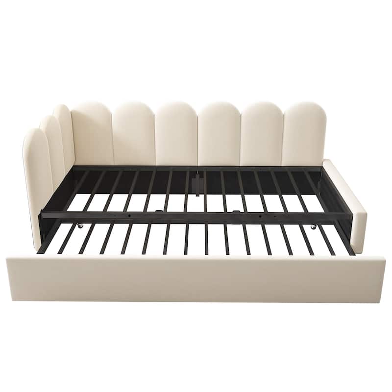 Roomfitters Velvet Upholstered Twin Daybed with Pull Out Trundle, Sofa Bed with Metal Slat Frame