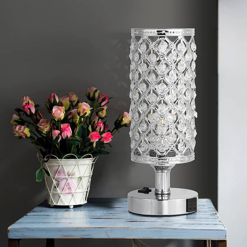 Crystal Table Lamp with 2 USB Charging Ports